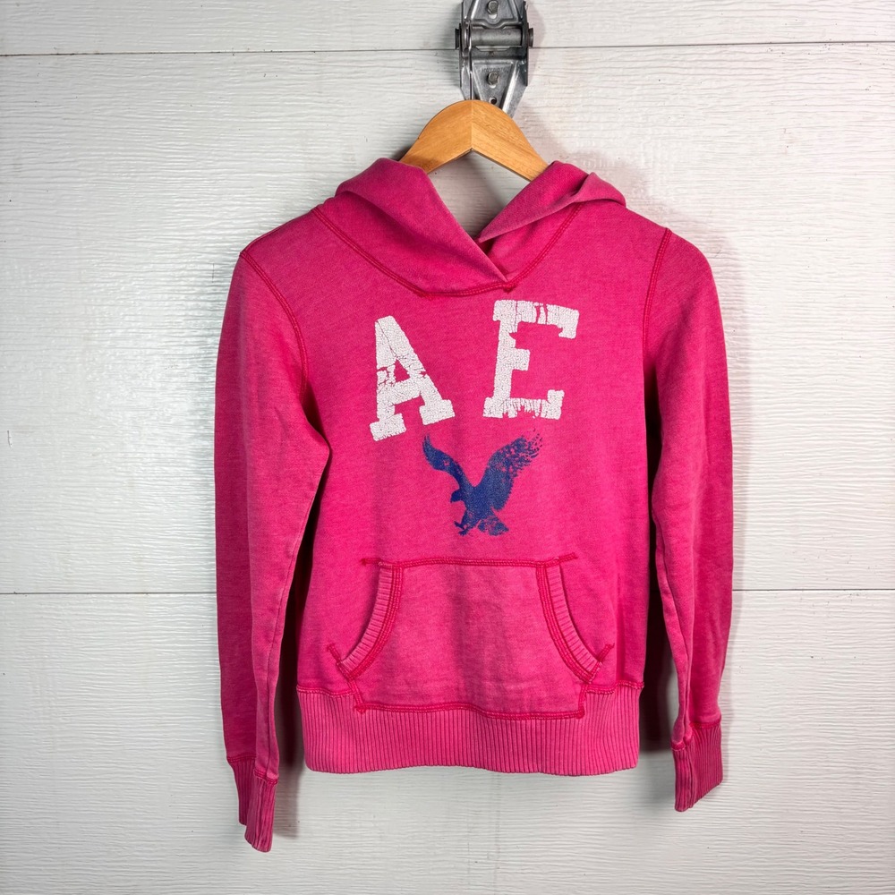 American Eagle Y2K Hoodie Pink Distressed Eagle Graphic XS